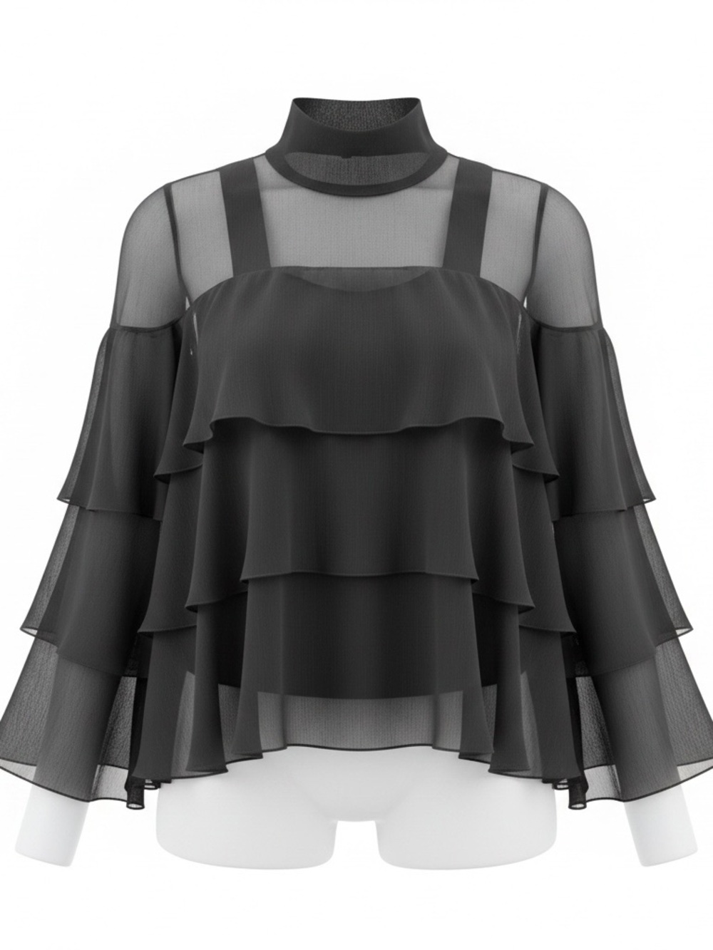 Black Ruffle Layered Mesh Blouse - Women
